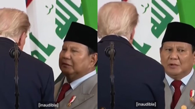 Potongan video Presiden Prabowo dan Donald Trump dalam insiden mic bocor. (tiktok reuters)